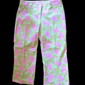 Lilly Pulitzer Pale Green Capri Pants with Pink Elephants in Size 8